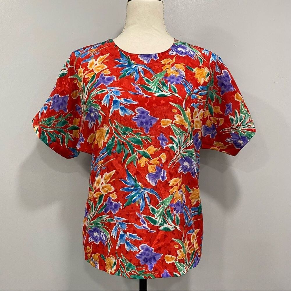 Vintage 80s S Silky Red Bright Colorful Tropical Floral Hawaiian Aloha Top USA